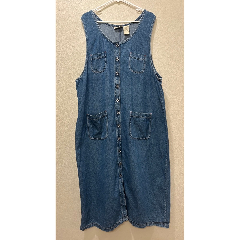 Vintage 90s Denim Dress Womens 2XL Midi Flare Button Front Western Festival